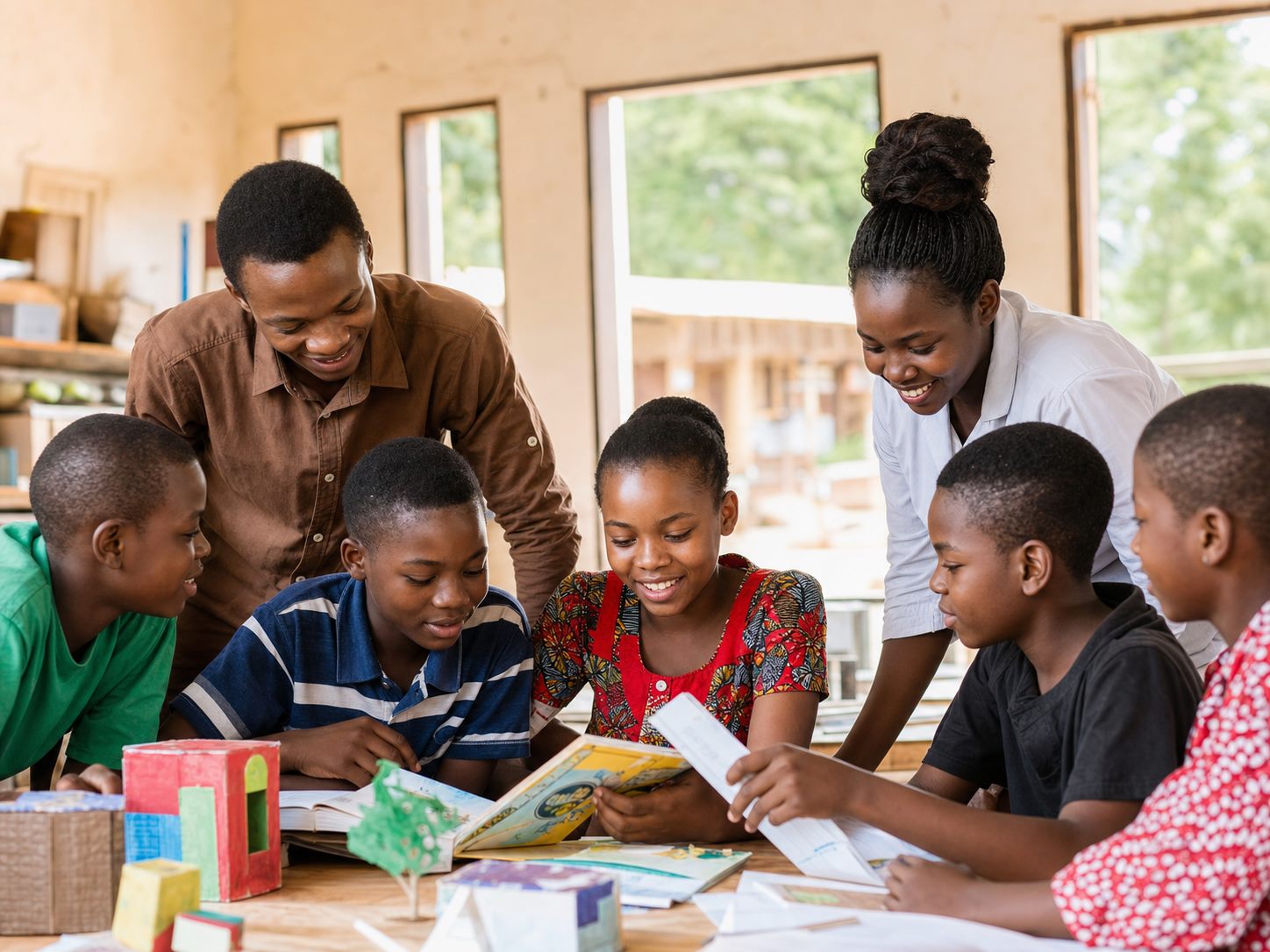 Children and mentors learning together in a community space