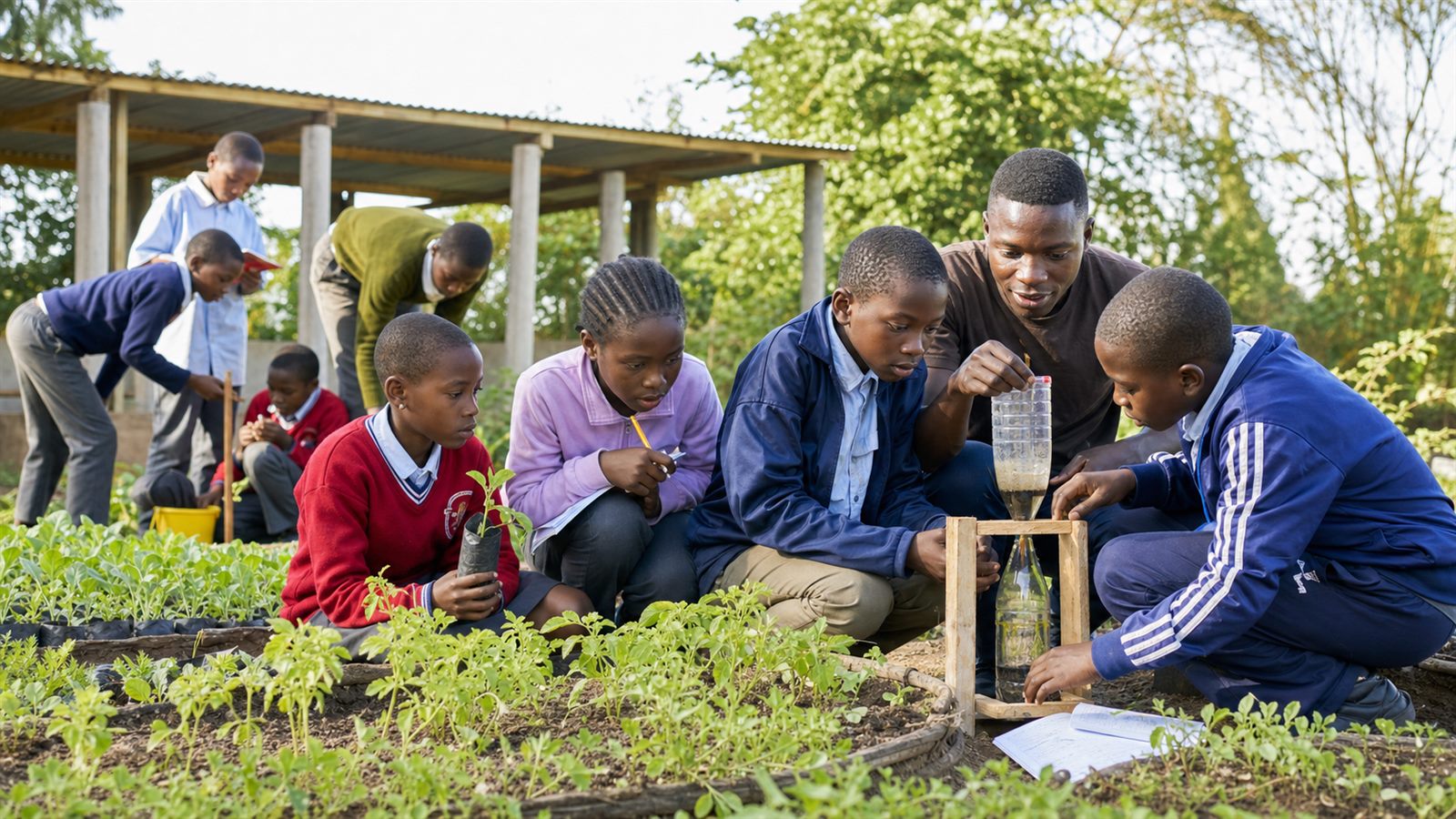 Children and a mentor combining science with practical gardening
