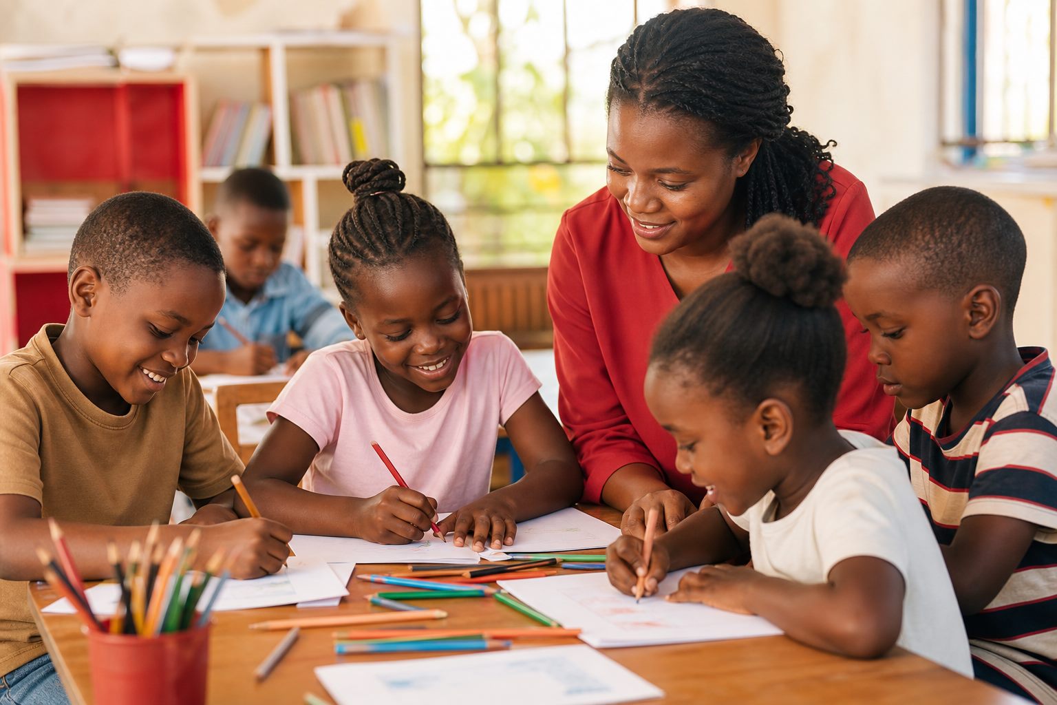 Children learning with support from a mentor